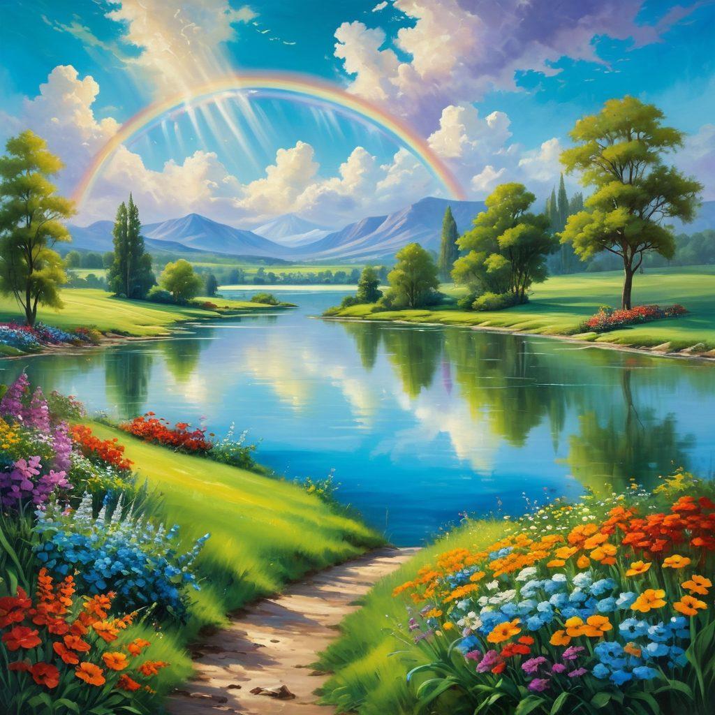 A serene landscape featuring vibrant emerald green fields under a bright blue sky, dotted with cheerful flowers and happy people enjoying outdoor activities. Incorporate elements like a tranquil lake reflecting the green hues and a rainbow arching gracefully overhead, symbolizing joy and cheerfulness. Add ethereal light rays filtering through fluffy clouds to enhance the sense of bliss. vibrant colors. painting.