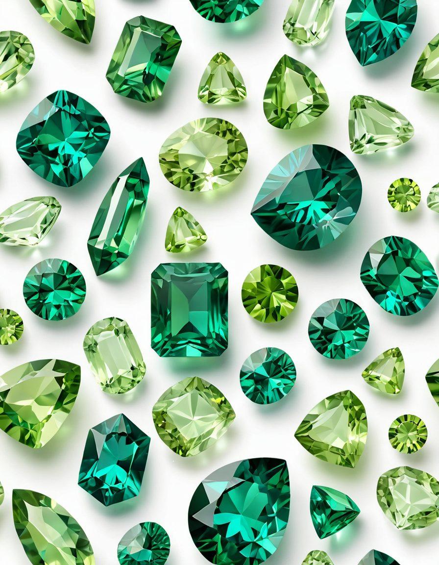 A captivating arrangement of vibrant green gemstones, including emeralds and peridots, radiating a glowing aura against a soft, white background. Incorporate elements like soft light reflections and delicate botanical accents, symbolizing nature’s healing power. The composition should exude tranquility and positivity, inviting viewers to connect with the peaceful energy of the gems. super-realistic. vibrant colors. soft focus.