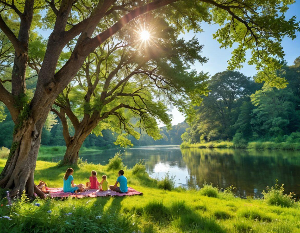 A tranquil landscape showcasing a lush emerald green forest with sunlight filtering through the leaves, a serene river winding through the scene, and colorful wildflowers dotting the foreground. In the distance, a joyful family is seen enjoying a picnic under a large tree, embodying contentment and cheerfulness. The sky is bright and clear, enhancing the overall sense of peace and happiness. vibrant colors. super-realistic.